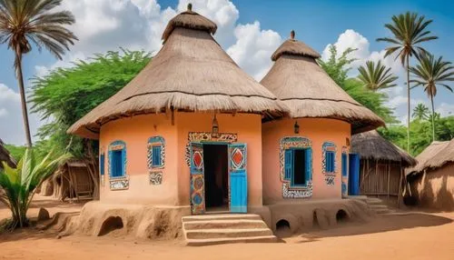 Nigerian traditional house, mud hut, thatched roof, ornate wooden doors, intricate carvings, colorful textiles, vibrant patterns, Hausa/Fulani/Yoruba-inspired design, rural village setting, sunny day,