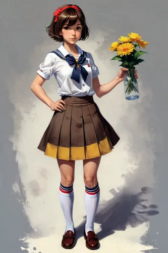 marguerite,marguerite daisy,schoolgirl,girl picking flowers,school skirt,school uniform,retro girl,girl in flowers,flower girl,nurse uniform,a uniform,sailor,school clothes,primary school student,digital painting,uniform,sports uniform,flower delivery,holding flowers,uniforms,Conceptual Art,Oil color,Oil Color 04