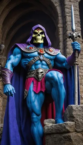 Skeletor a supervillain and the main antagonist of the Masters of the Universe. Depicted as an evil skull-faced, blue-skinned sorcerer who serves as the archenemy of He-Man. Skeletor is determined to 