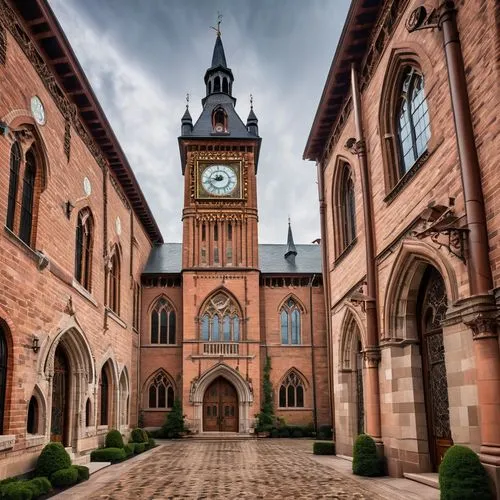 Architectural, ornate brick building, fish-scale tile patterns, intricate carvings, grandiose entrance, tall spires, stained glass windows, majestic clock tower, beautiful detailed stonework, rustic w