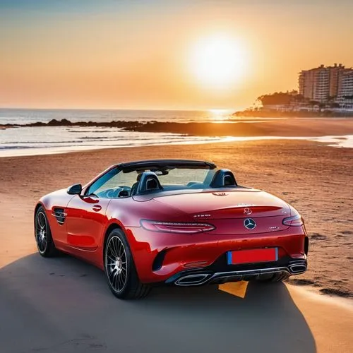 A red Mercedes Benz sports car was parked on the beach in the early morning, with the beautiful morning sun shining on it.,barchetta,american sportscar,cabriolet,bmw z4,luxury sports car,boxster,conve