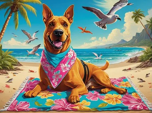 podenco canario,pharaoh hound,doberman,beach dog,thai ridgeback,beach towel,dog illustration,vizsla,dobermann,luau,malinois,bandana background,aloha,german pinscher,pet portrait,basenji,kona,beach background,rhodesian ridgeback,austrian pinscher,Art,Classical Oil Painting,Classical Oil Painting 37