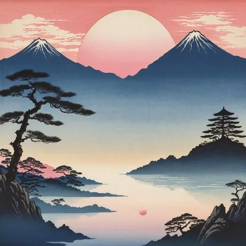 hiroshige,fuji,cool woodblock images,rising sun,chiyonofuji,japan landscape,Illustration,Japanese style,Japanese Style 21