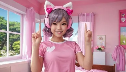 1girl,cat girl,animal ears,tail,looking at viewer,smile,peace sign,pink kawaii room,heart item,ribbon,standing,upper body,,kawaii,anime 3d,ganmodoki,kawaii girl,japanese kawaii,cat kawaii,pi mai,honme