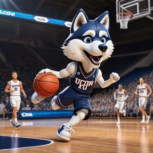 UConn Husky, Bobblehead, cartoon style, big head, oversized sunglasses, athletic wear, blue and white jersey, sneakers, basketball court, wooden floor, bright arena lights, dynamic pose, jumping high,