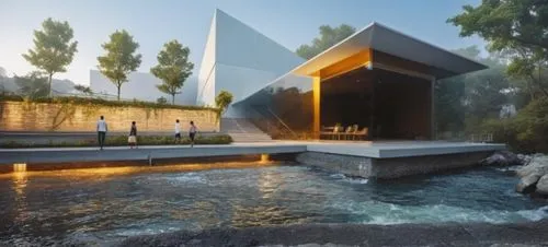  CRISTAL,two people walking along a stream in front of a building,aqua studio,spa water fountain,adjaye,water wall,snohetta,water cube