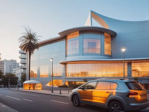 REMODELACION DE UNA PLAZA COMERCIAL, CON ARQUITECTURA NOVEDOSA,a car driving past a building with palm trees,car showroom,moscone,modern architecture,medibank,mercedes-benz museum,seidler,Photography,