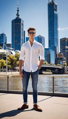 Male, young adult, 25yo, stylish hair, black glasses, white shirt, dark blue jeans, brown leather shoes, holding architectural model, standing, Melbourne cityscape, modern skyscrapers, Yarra River, So