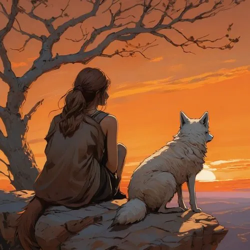 a brown wolf and a sad girl, both seen from behind. They are sitting on a cliff under a tree branch. The girl put his arm around the wolf's shoulders, she looks at the sheep with a sympathetic smile. 