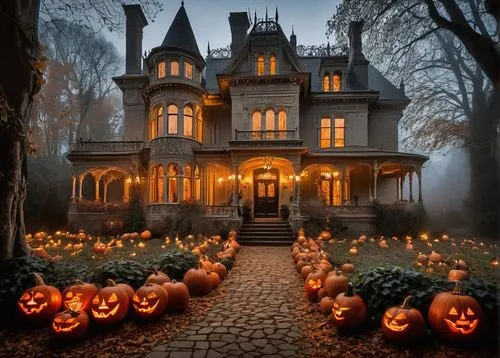 halloween scene,the haunted house,haunted house,witch's house,halloween decoration,halloween and horror,jack o'lantern,jack o' lantern,halloween decor,halloween background,halloweentown,witch house,haddonfield,victorian house,halloween wallpaper,decorative pumpkins,halloween pumpkins,halloween border,pumpkins,halloween poster,Illustration,Realistic Fantasy,Realistic Fantasy 40