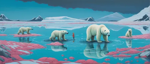 Imagine a futuristic world where polar bear kids are taught to survive in a rapidly melting Arctic.,ice landscape,ice floes,ice bears,sea ice,glaciers,arctic ocean,polar bears,antarctic flora,arctic,i