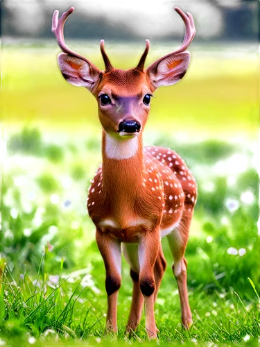 White-tailed deer, gentle eyes, brown fur, slender legs, pointed ears, delicate mouth, morning dew, green meadow, soft sunlight, 3/4 composition, shallow depth of field, warm color tone, cinematic lig