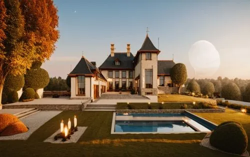 glass bricks concrete  garden trees wood park landscape sunlight blue sky night view Spotlights night view summer manoir villa people,the house with a large pool in front is lit up,dreamhouse,chateau,