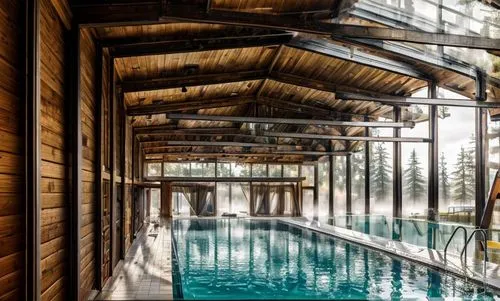 interior of swimming pool, Peter Zumthor style The Therme Vals, Composite materials facade includes Valser Quarzite and glass,  dust and fog storm outside the window, style in Blade Runner 2049, futur