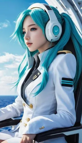 cocaptain,delta sailor,hatsune miku,at sea,aviatrix,azzurra,mikuriya,ltjg,arpeggio,yachtswoman,ocean background,admiral,naval,miku,hatsune,seafire,seaplane,marineau,oceanair,pilot,Conceptual Art,Fantasy,Fantasy 03