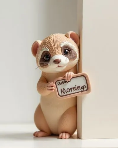 photograph of a cuteferret peeking from behind a wall, against a white background, speech bubble with the sign " Good Morning" high-definition studio shot, soft lighting, low contrast, clean color sch