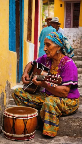 Craft a poem capturing the rhythmic sounds of Baracoa's music.,woman playing,cavaquinho,itinerant musician,indian musical instruments,street musician,woman playing violin,street music,indian drummer,m