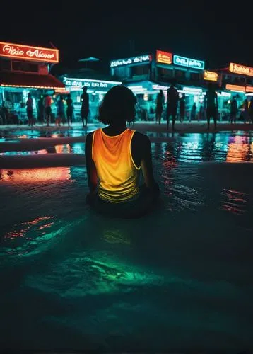 dreaming of a beach in thailand, night, waves, neon lights, calm, a lot people on a beach,hanoi,neon body painting,varanasi,bioluminescent,girl on the river,pedalos,kumbh,neon lights,sabarimala,ganga,