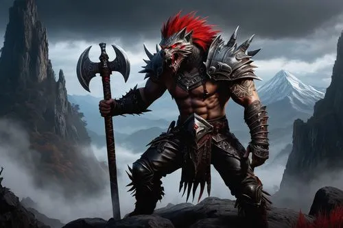 barbarian,massively multiplayer online role-playing game,black warrior,fantasy warrior,warlord,lone warrior,warrior and orc,heroic fantasy,female warrior,raider,carpathian,dane axe,templar,daemon,warrior,dark elf,death angel,splitting maul,the warrior,death god,Illustration,American Style,American Style 12