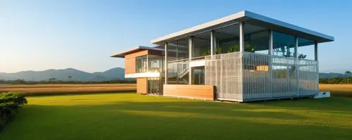 Office building design ,ตั้งอยู่ที่เขาใหญ่ ,เวลาเย็น ,,a house sits in the middle of a field,feng shui golf course,cube stilt houses,cubic house,cube house,golf hotel,stilt house,Photography,General,R