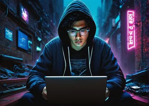 Hacker, male, young adult, 20s, messy black hair, glasses, casual wear, hoodie, jeans, sneakers, sitting, dimly lit room, multiple computer screens, wires, coding, intense facial expression, focused e