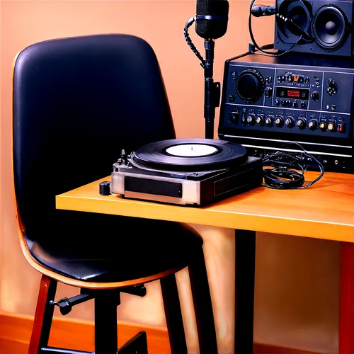 Vinyl record, CD disc, music notes, headphones, audio cables, mixing console, soundboard, DJ equipment, studio microphone, acoustic guitar, musical instruments, leather chair, wooden table, warm light