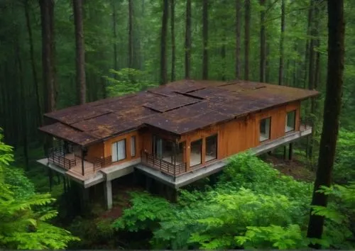 Forêt dense et pluvieuse,an upside down building is in the middle of a forest,house in the forest,forest house,tree house hotel,tree house,treehouses,treehouse