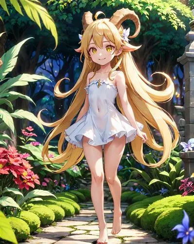 sassy, ​​skinny, cute, feral, female demon, long golden hair, small horns, yellow eyes, small pointy breasts, small perky ass, earrings, naked body, goat hooves, smiling, cool posein the magic garden,