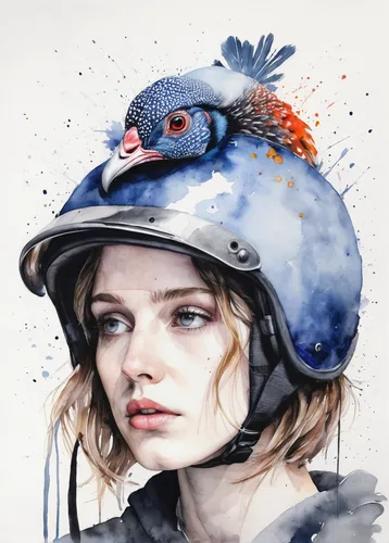 mina bird,helmet,bicycle helmet,safety helmet,climbing helmet,hard hat,clementine,beret,bluejay,motorcycle helmet,sparrow,hardhat,construction helmet,peaked cap,bird illustration,ornithology,fighter pilot,policewoman,helmets,carrier pigeon,Illustration,Paper based,Paper Based 20