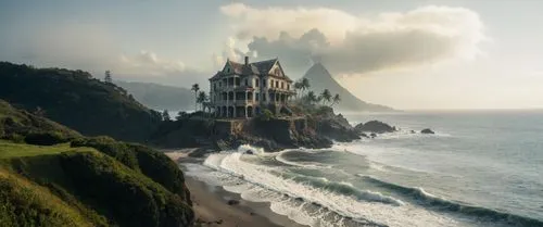 a house sitting on top of a cliff near the ocean,dragonstone,fantasy picture,diagon,fantasy landscape,3d fantasy,ghost castle,simione,miramare,mugglenet,fairy tale castle,fairytale castle,westeros,azk