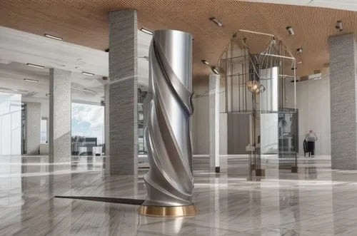 brushed metalic paint for column,floor lamp,floor fountain,altar bell,commercial exhaust,3d rendering,penthouse apartment,modern decor,revolving door,octobass,steel sculpture,pressurized water pipe,co