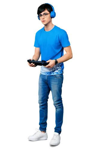 Gamer, male, dynamic pose, intense facial expression, headset, gaming glasses, short black hair, blue eyes, casual wear, graphic t-shirt, ripped jeans, sneakers, holding controller, leaning forward, l