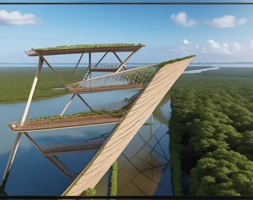 Renderiza un mirador con vista a un estero con manglar, tiene cuatro pisos y las formas triangulares y lineas rectas en la fachada que simulan ramas de arboles predominan en el diseño,teak bridge,adve