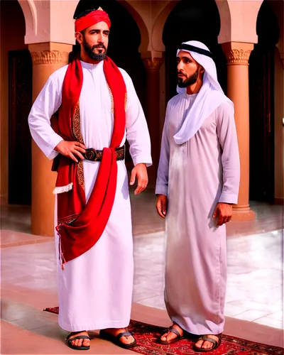 Official Arab man, mature, beard, mustache, white thawb, golden embroidery, red keffiyeh, agal headband, brown leather sandals, confident pose, standing, majestic, warm lighting, shallow depth of fiel