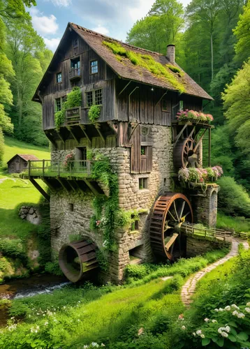 water mill,old mill,dutch mill,water wheel,wooden house,mill,home landscape,house in the forest,ancient house,miniature house,crispy house,small house,little house,world digital painting,wooden construction,danish house,witch's house,log home,green landscape,farm house,Photography,General,Natural