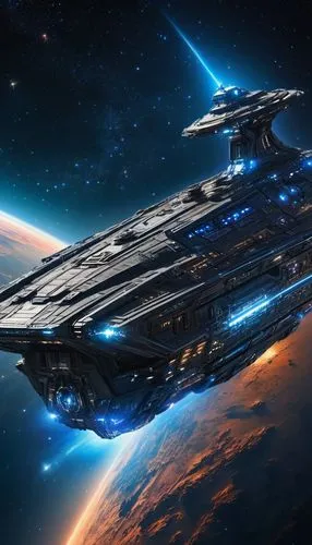 many stars, high-tech interstellar multi-level warship, glowing blue light, super-developed by a powerful unknown race, Andromeda Nebula,,a big sci - fi spaceship flying over the earth,enterprise,uss 