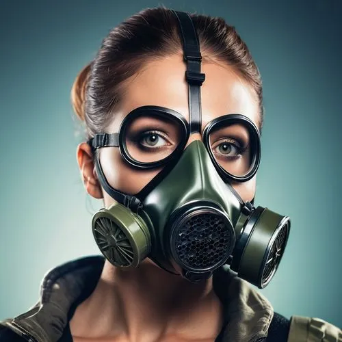 A portrait of a digital woman wearing a gas mask over its mouth, best angle view, from lateral,pollution mask,respirator,respirators,respiratory protection,gas mask,ventilation mask,poison gas,respira