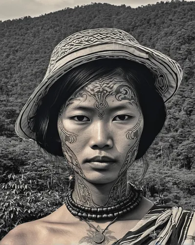 vietnamese woman,aborigine,javanese,asian conical hat,afar tribe,african woman,myanmar,cambodia,indonesian women,warrior woman,samburu,balinese,southeast asia,headdress,laos,ancient people,asian costume,papuan,vietnam,oriental girl,Illustration,Black and White,Black and White 18