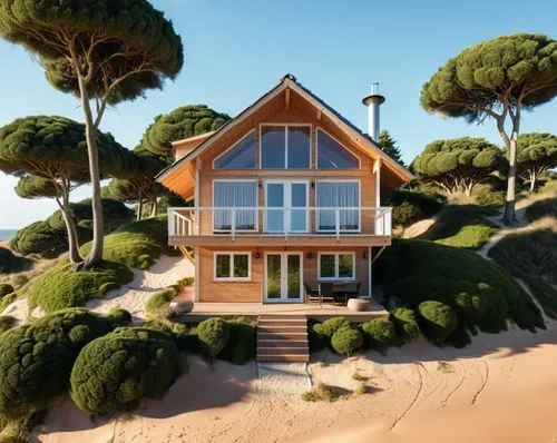 a small dwelling in the dunes, not too sandy, with lot of trees around. the dwelling is cute, has an moss roof, with solar panels, the dwelling has an terras at the first floor. the dwelling is not to