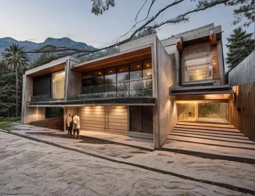 diseño exterior de una residencia estilo minimalista, con elementos de concreto, madera, cristal, rejilla de acero, vegetación, iluminación nocturna perfcetamente detallada, fotografia hiperrealista,a