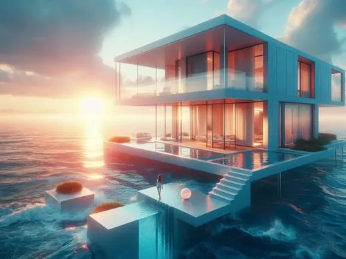 sunrise sun,floating huts,cube stilt houses,house by the water,beachhouse,lifeguard tower,3d rendering,house of the sea,3d render,cubic house,beach house,houseboat,ocean view,aqua studio,over water bu