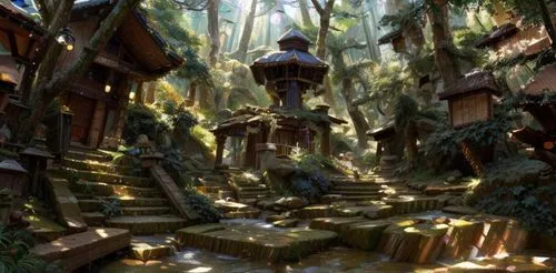 fairy village,house in the forest,mountain settlement,druid grove,elven forest,fairy house,concept art,ancient city,hobbiton,elves flight,fantasy landscape,forest path,wooden path,hobbit,ubud,pathway,ancient house,fairy forest,tamborim,labyrinth