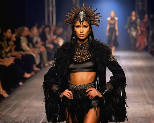 feather headdress,headdress,indian headdress,runway,maori,catwalk,runways,fashion design,warrior woman,headpiece,miss circassian,dress walk black,american indian,ictoria crowned pigeon,inka,native american,tiger lily,fur clothing,fashion designer,scheepmaker crowned pigeon,Illustration,Realistic Fantasy,Realistic Fantasy 33