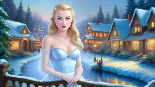 Romantic masterpiece oil painting, cute girl portrait, nostalgic 1950's style kitsch, breathtaking beautiful winter kingdom landscape, majestic fantasy scenery, evening lighting, highly detailed highr