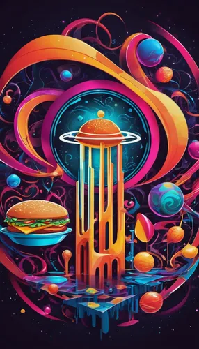 planetarium,solar system,saturnrings,planets,ufo,cosmos,sci fiction illustration,space art,saturn,astro,the solar system,jukebox,water tower,jupiter,ufos,futuristic landscape,watertower,alien world,psychedelic art,kaleidoscope art,Illustration,Realistic Fantasy,Realistic Fantasy 39