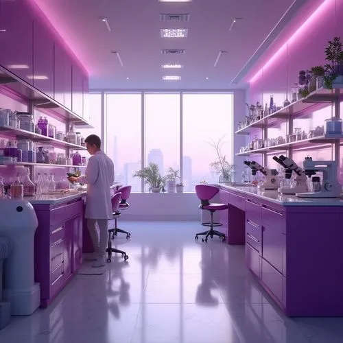 plum-colored laboratory, modern minimalist interior design, plum accent walls, white lab coats, stainless steel equipment, sleek countertops, futuristic microscopes, plum-colored pipettes, subtle grad