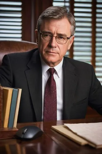 David Patterson, mature man, glasses, short hair, formal wear, suit, white shirt, tie, sitting, desk, computer, keyboard, mouse, books, papers, office background, wood paneling, leather chair, warm li