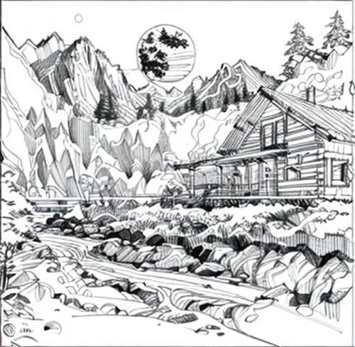 mountain hut,mountain huts,mountain station,coloring page,cd cover,mountain scene,coloring pages,alpine hut,vajont,alphütte,ramsau,alpine village,mountain settlement,coloring for adults,hand-drawn ill