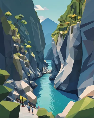 ravine,fjord,canyon,river landscape,narrows,streams,travel poster,cliffs,fjords,waterway,boat landscape,low poly,a river,valley,to the river,elphi,cove,creek,monkey island,lysefjord,Unique,3D,Low Poly