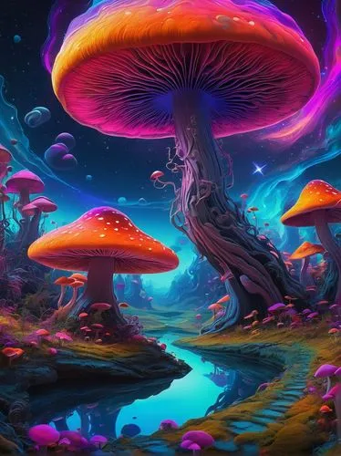 Psychedelic art, vibrant neon colors, dreamy atmosphere, surreal landscape, glowing mushrooms, swirling clouds, stars twinkling, cosmic background, abstract shapes, melting objects, distorted proporti